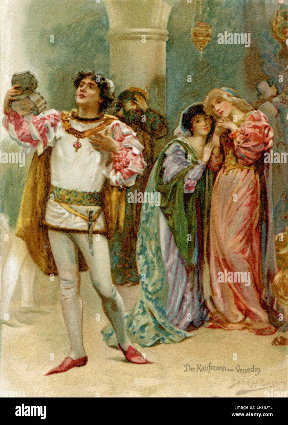 William Shakespeare, jouer le Marchand de Venise avec les femmes de scène admirant vain héros. Carte postale allemande Banque D'Images