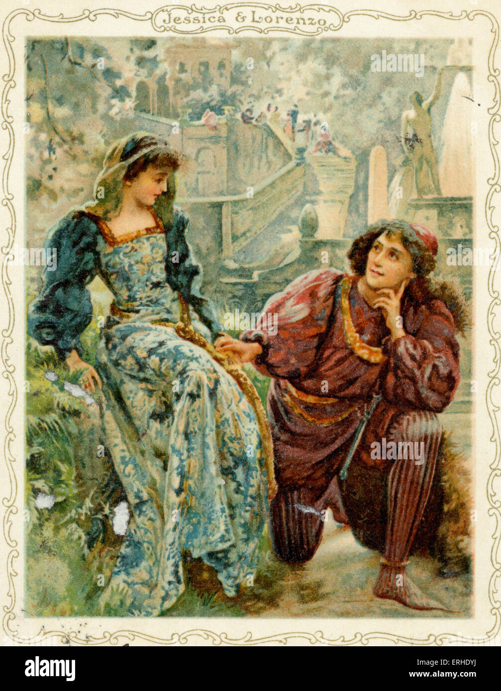 William Shakespeare, jouer le Marchand de Venise scène avec Jessica et Lorenzo carte postale Allemande Banque D'Images