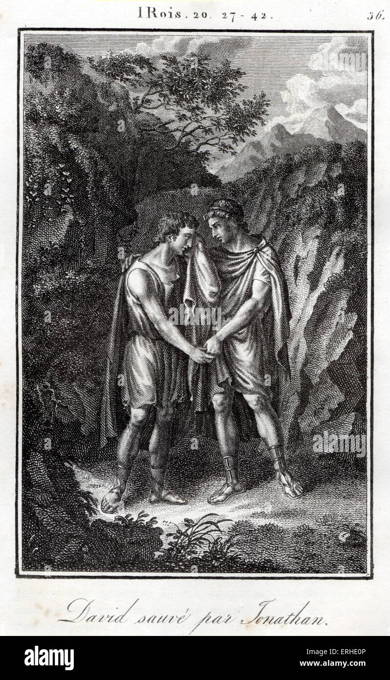 Bible, David et Jonathan united l'amitié menacée par le père de Jonathan, le roi Saül. Les rois. Banque D'Images