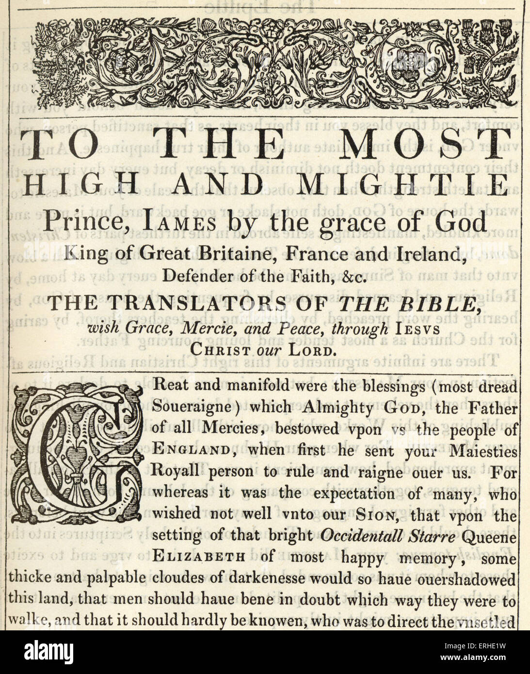 Le dévouement de la Sainte Bible publié 1611 connu sous le nom de King James Version' 'au Très Haut et Mighties Prince, par James Banque D'Images
