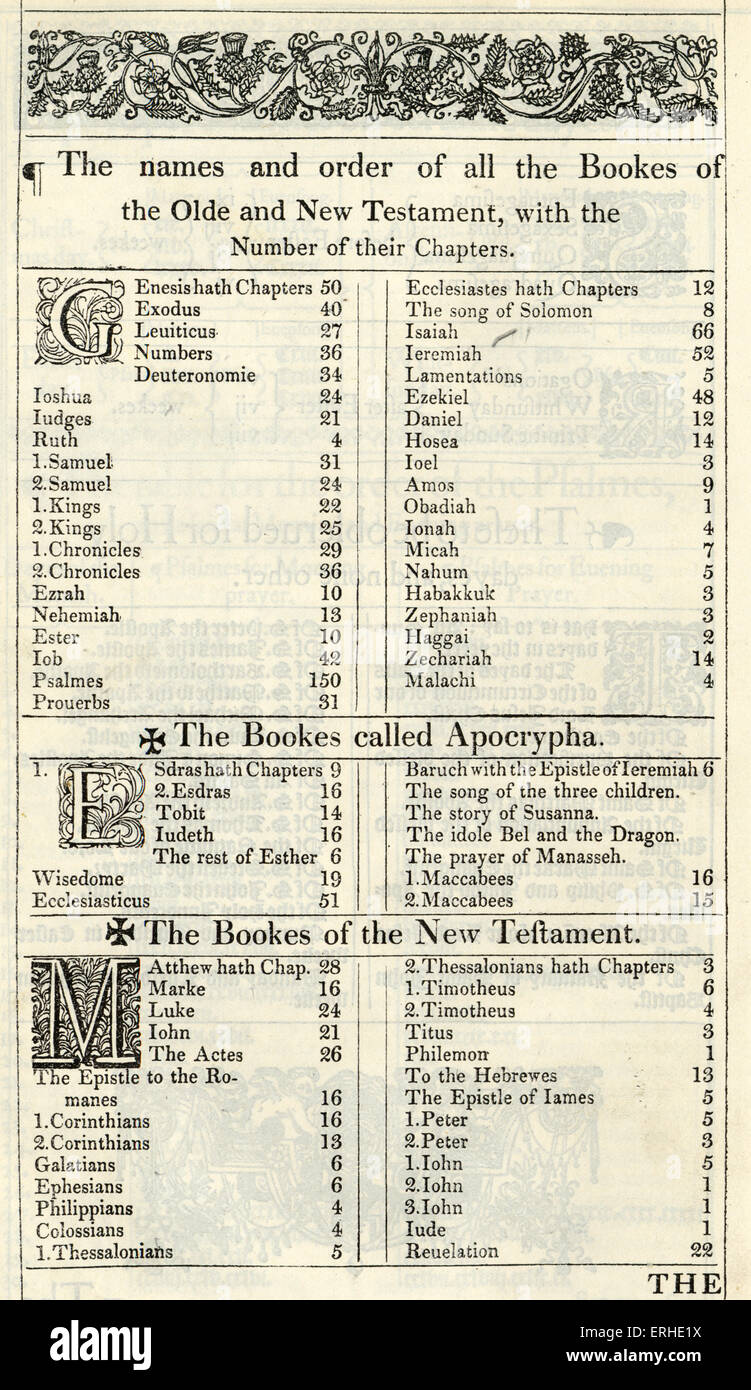 La Sainte Bible publié 1611 connu sous le nom de King James Version'. 'Les noms et l'ordre de tous les Bookes de l'Olde et nouveau Banque D'Images
