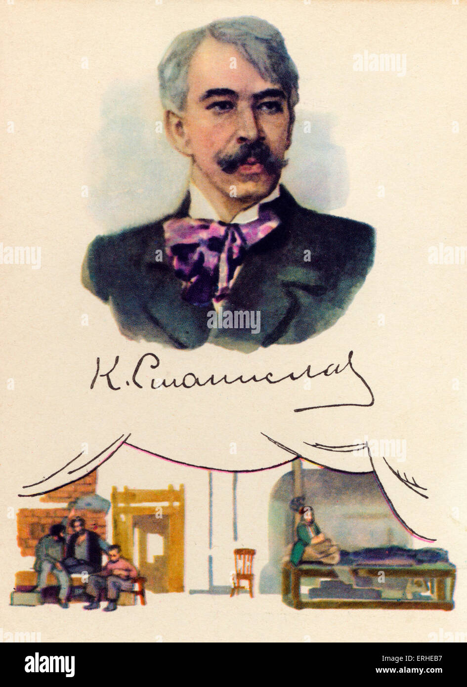 Konstantin Stanislavski / Stanislawsky - acteur et réalisateur russe qui a créé le Théâtre d'Art de Moscou. Portrait avec autographe. Banque D'Images
