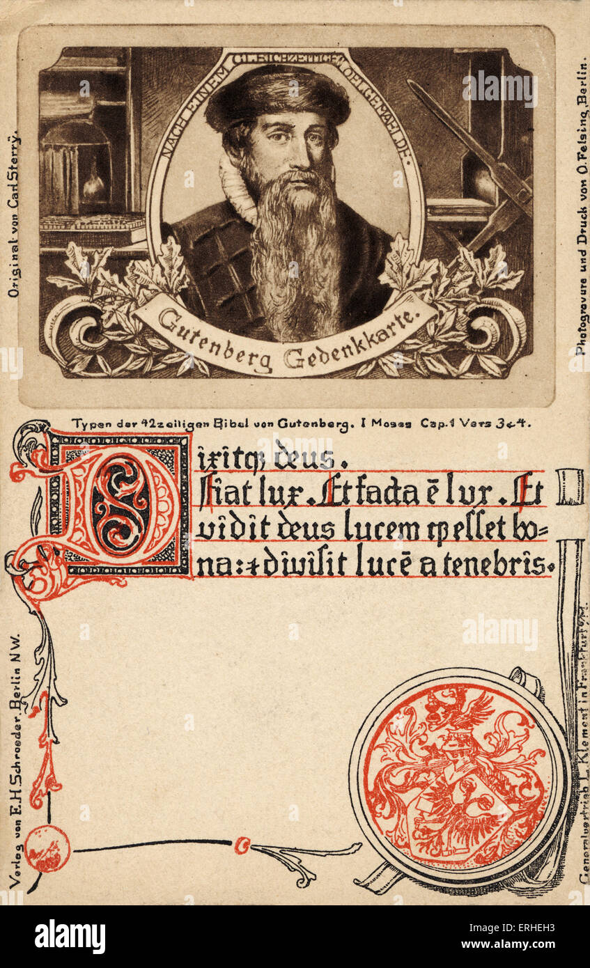 Portrait de Gutenberg - Allemand - l'imprimante avec le chapitre de la Bible - Moïse I Chapitre 1, versets 3 et 4 .Bible premier livre à imprimer à l'aide de Banque D'Images