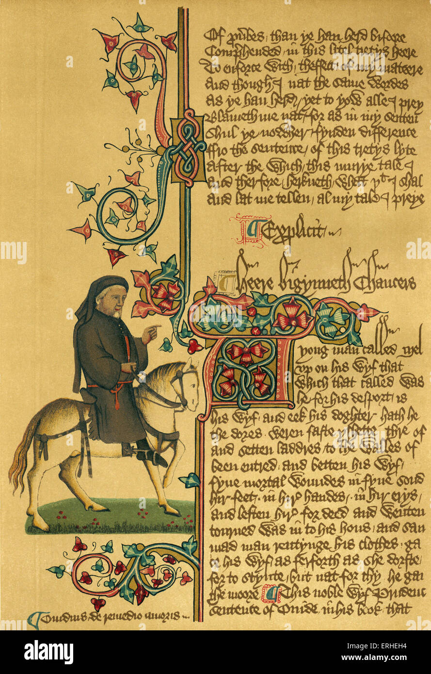 Geoffrey Chaucer - à cheval sur manuscrit c 1343-1400. Chaucer d'Ellesmere. Auteur anglais, poète et philosophe : c 1343 - Banque D'Images