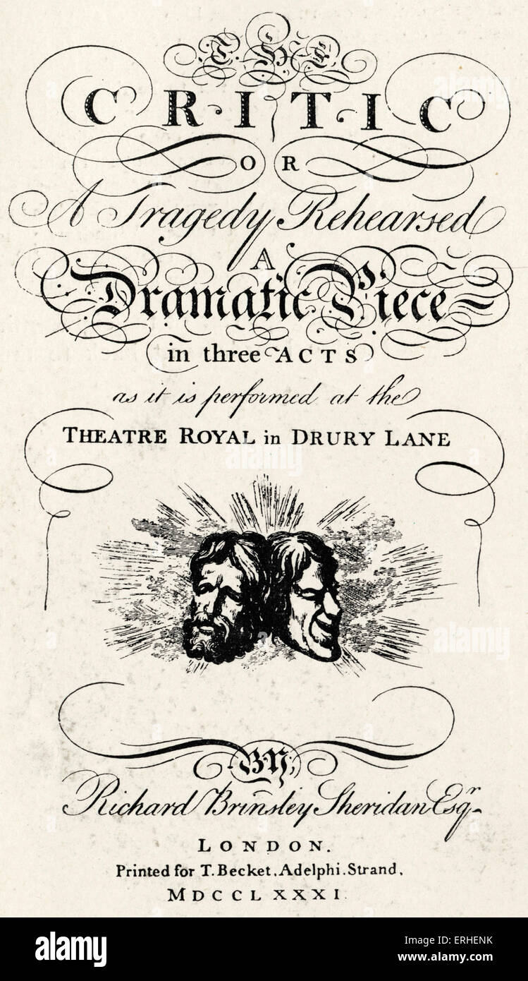 Richard Brinsley Sheridan - critique' - 'Page de titre de première édition imprimée pour T Becket, Adelphi, Strand - 1781. Irish Banque D'Images