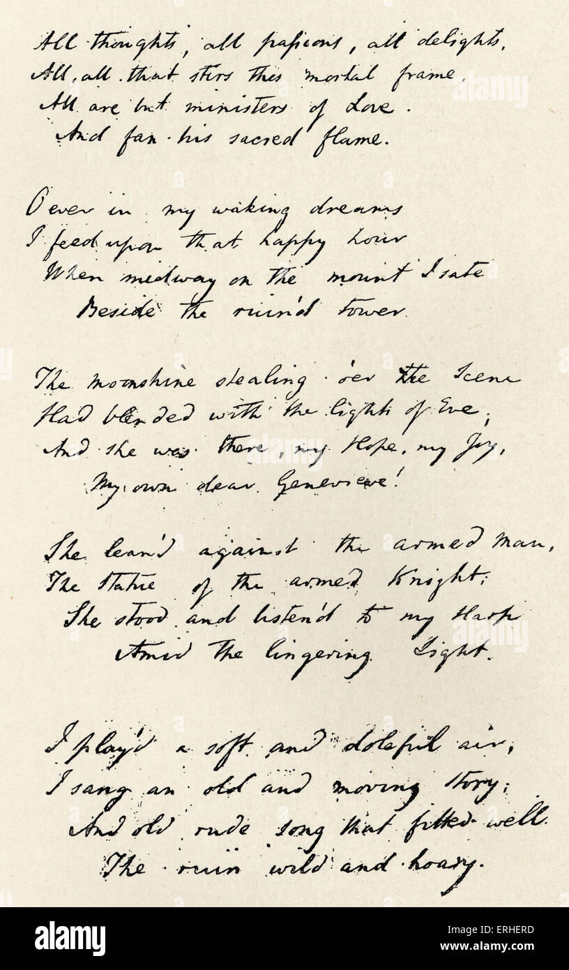 Le poème de Samuel Taylor Coleridge 'Amour' manuscrit autographe de l'ouverture strophes. 21 octobre 1772 - 25 juillet 1834 Banque D'Images