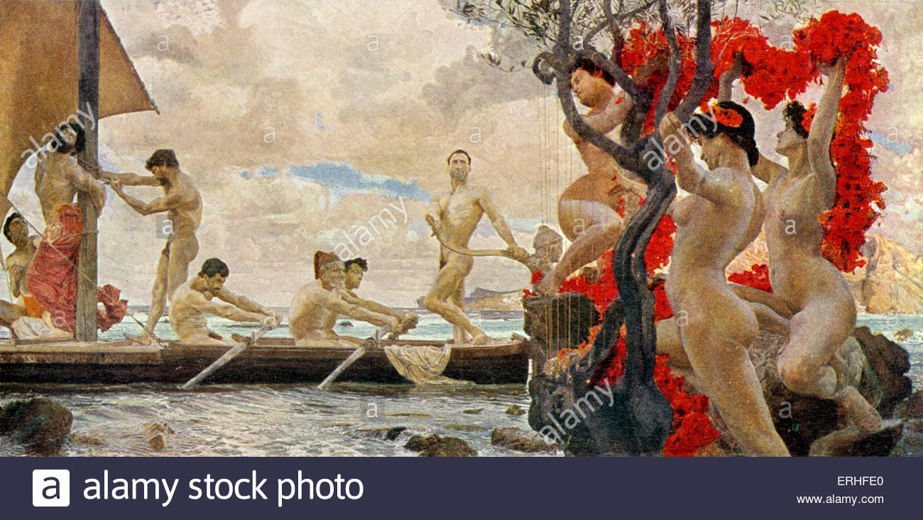 Ulysse (Odysseus) et les sirènes - peinture par Otto Greiner, représentant  Ulysse ayant lui-même enchaîné au mât de son bateau, et le divertissement  sirènes attirant lui avec leur chanson. L'illustration de l'Odyssée