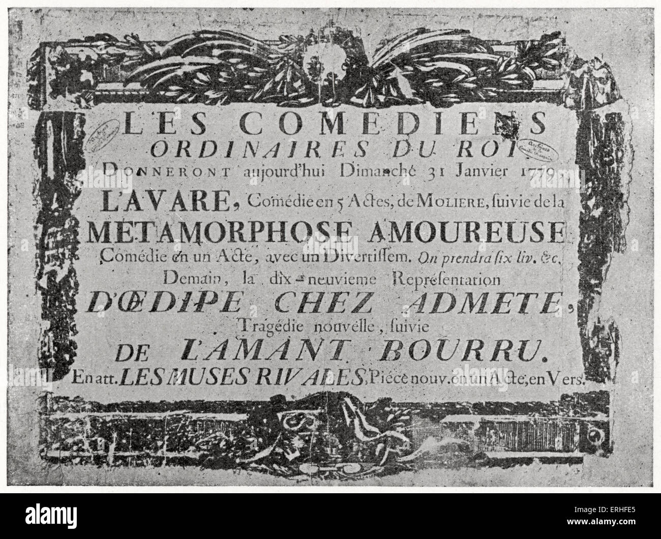 Affiche originale pour des productions théâtrales de Molière les parties le 31 janvier 1779, Paris, France. Comedies comprennent : L'Avare, Banque D'Images