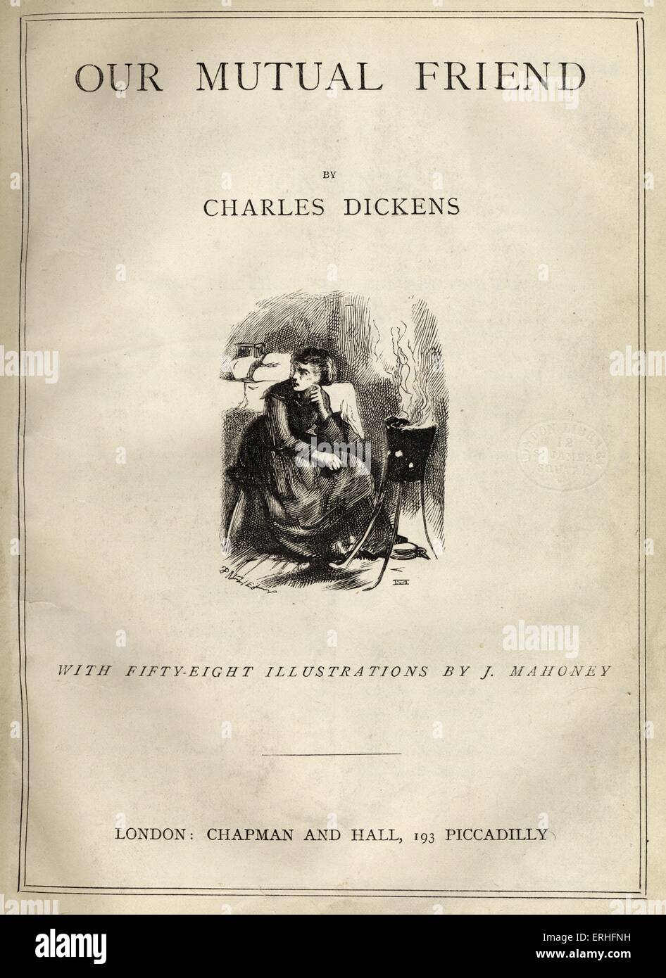 Le roman de Charles Dickens 'Notre ami commun', avec des illustrations de J. Mahoney - frontispice de l'édition non datée. Dickens, Banque D'Images