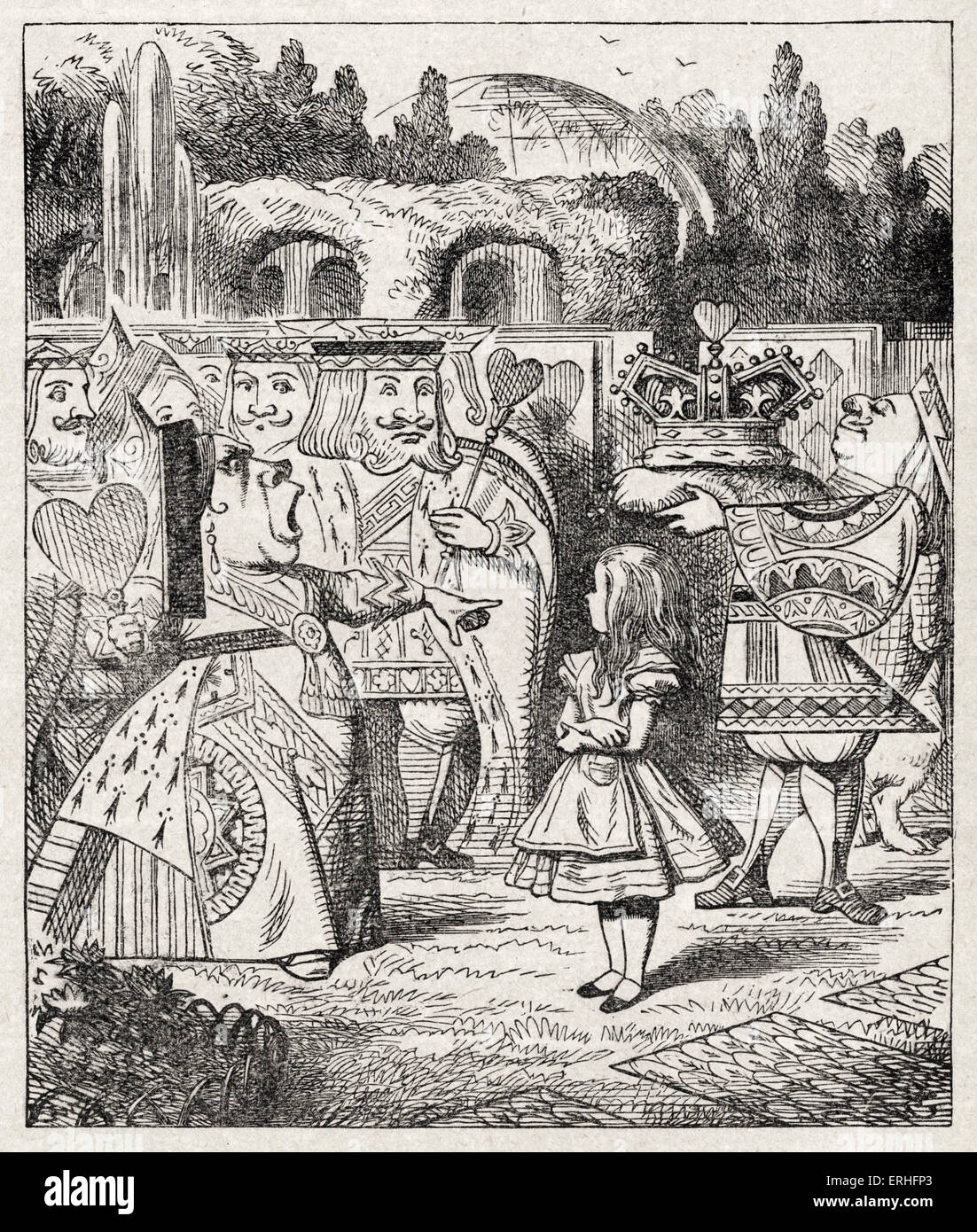 Alice avec le roi et la Reine de Cœur, 'Off' avec sa tête. d'Alice au Pays des merveilles de Lewis Carroll (Charles Lutwidge Banque D'Images