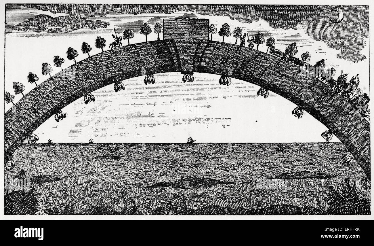 Les aventures surprenantes de Baron de Münchhausen : : Le Pont de l'Afrique à la Grande-Bretagne. Pont en arc s'étend sur l'océan pour un voyage entre les deux continents. Rudolf Erich Raspe (1737-1794) et Karl Friedrich Hieronymus, Baron (Freiherr von Münchhausen) (1720-1797) . Raspe a été le premier auteur à transcrire les histoires de guerre de Munchausen dans un livre, qui a été étendu par la suite par d'autres écrivains. Illustration originale. Banque D'Images