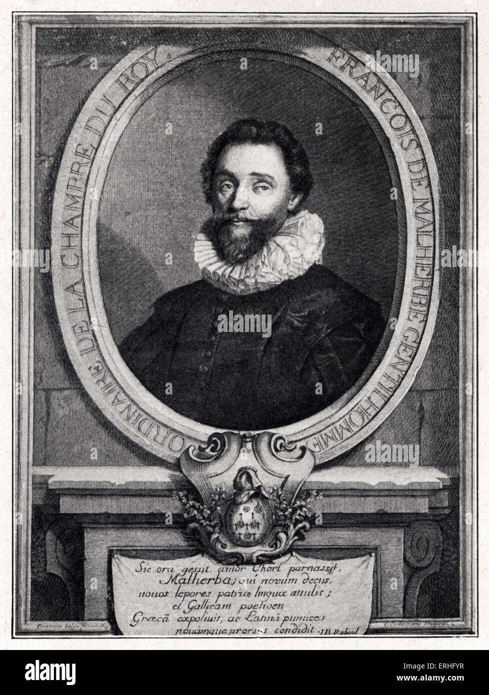 Portrait de François de Malherbe, gentilhomme de la Chambre du Roi. Gravure par Codemans après Finsonius. Y compris les armoiries de la famille. 1555 - 16 octobre 1628. Poète, traducteur, critique. Sert Le Roi Henri / Henry IV et Louis XIII. Bibliothèque Nationale. Banque D'Images