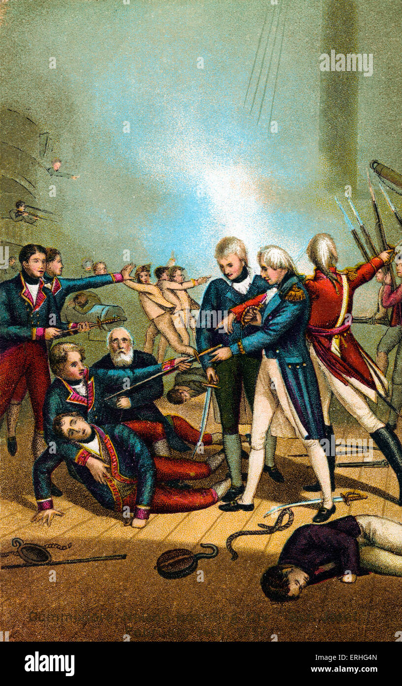 L'amiral Horatio Nelson - carte postale de "Commodore Nelson à bord de l''San Josef'', 14 février 1797. Au commandant de la marine britannique Banque D'Images