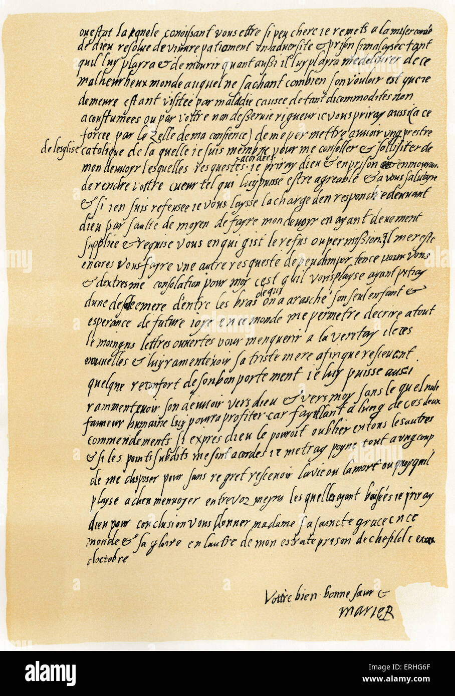 Marie, Reine des Écossais - lettre autographe de la Reine Elizabeth, demander la permission de parler à un prêtre catholique et à son fils. Banque D'Images