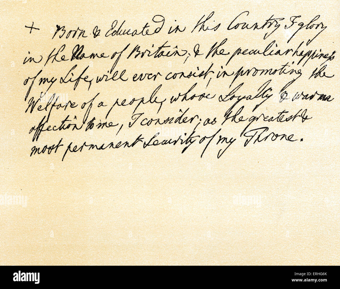George III - paragraphe de son discours d'adhésion de sa propre main en 1760. En date du 6 décembre 1766. 4 juin 1738 - 29 janvier 1820 - Le Roi de Grande-Bretagne et d'Irlande 1760-1801, et Roi du Royaume-Uni de Grande-Bretagne et d'Irlande jusqu'à sa mort. Lettre commence : 'Né et éduqué dans ce pays…" Banque D'Images