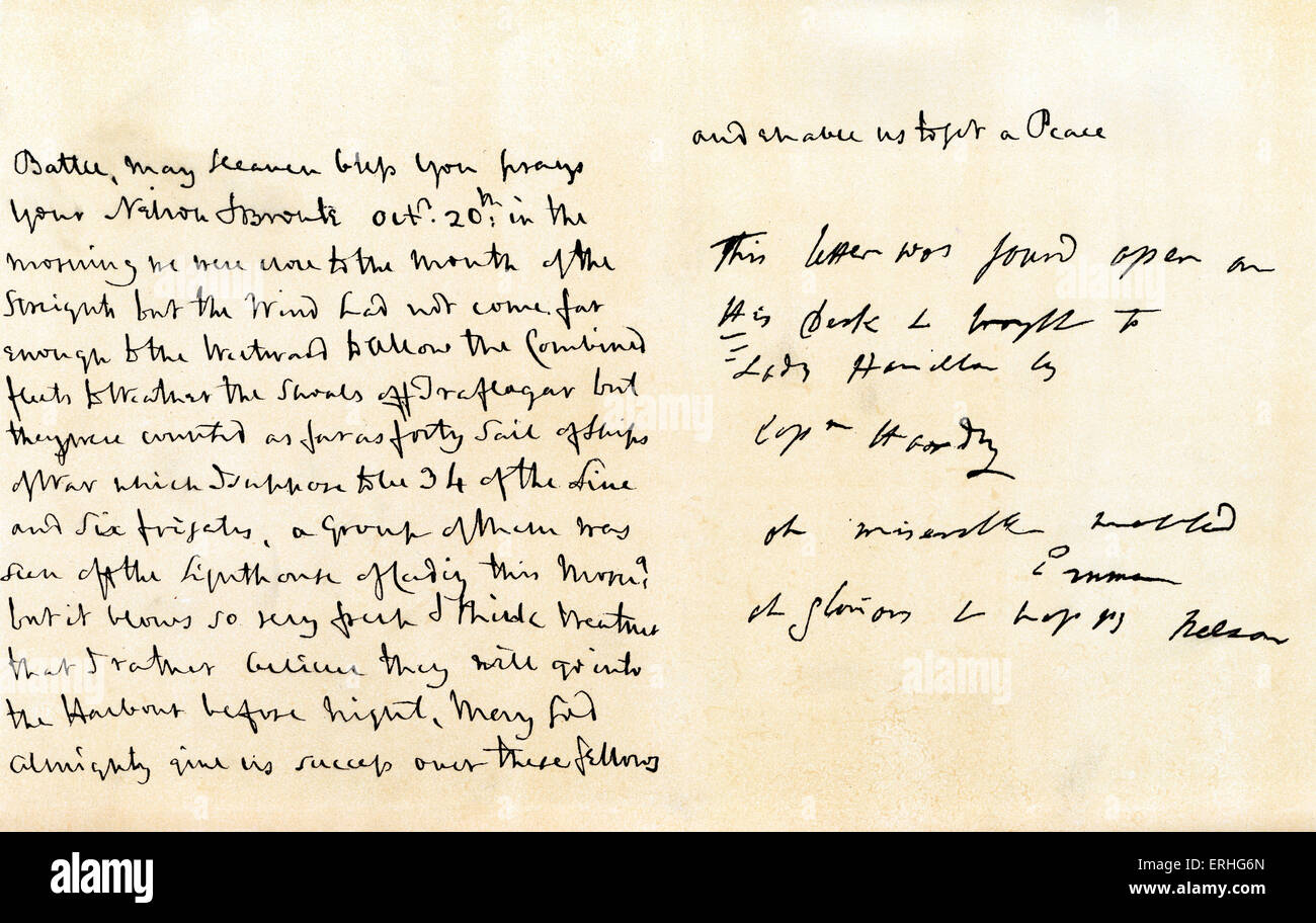 Le vicomte Horatio Nelson -lettre manuscrite à Lady Hamilton écrit deux jours avant la bataille de Trafalgar, disant qu'il espère vivre pour terminer la lettre. En date du 19 octobre 1805. 29 septembre 1758 - 21 octobre 1805 - L'amiral britannique célèbre pour sa participation dans les guerres napoléoniennes, notamment à la bataille de Trafalgar, où il est mort. Lettre commence : "Mon cher bien-aimé Emma…' Banque D'Images