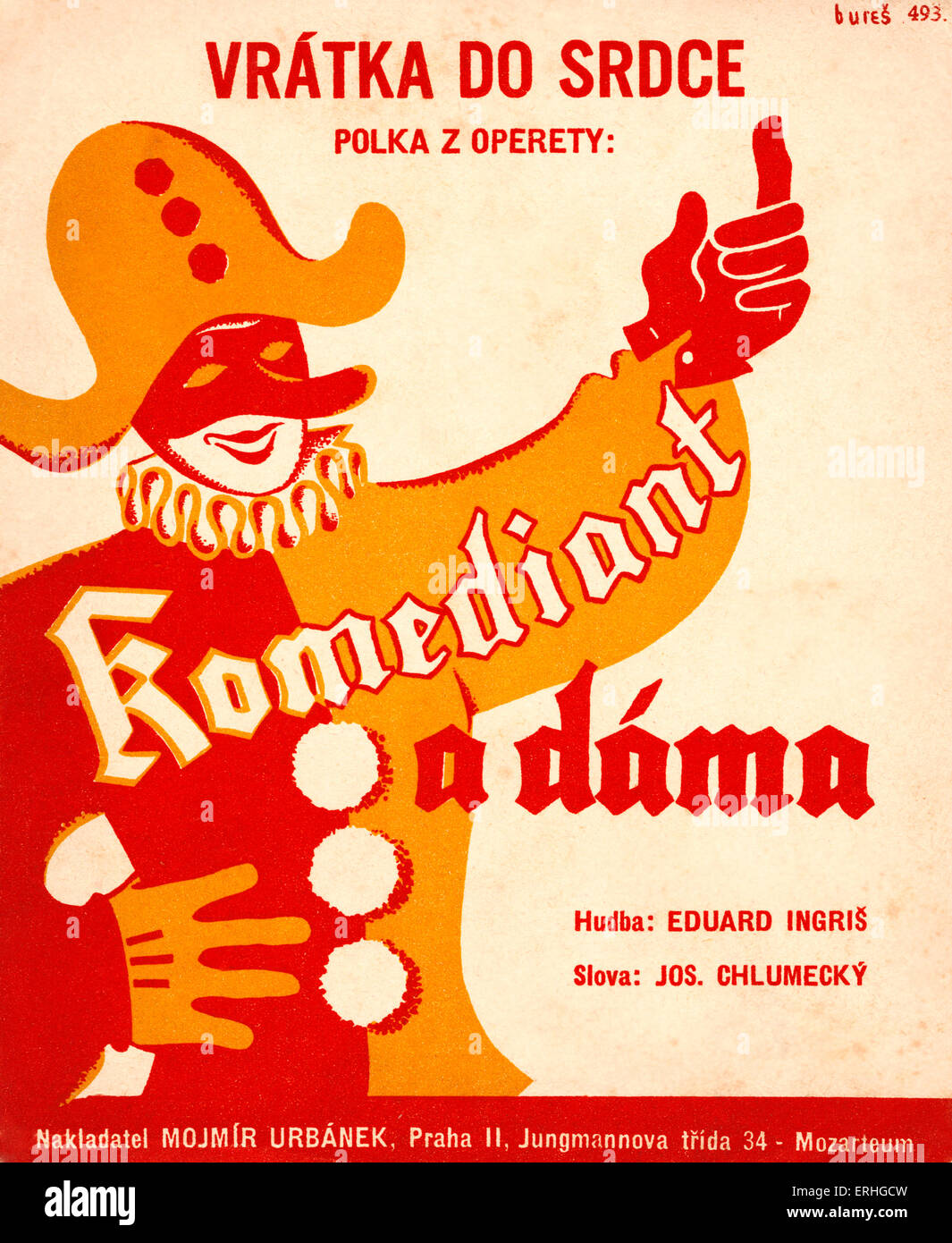 Pierrot / fou / fool on score tchèque pour couvrir 'polka' Komediant un dáma, avec de la musique par Eduard Ingris. Publié par Banque D'Images