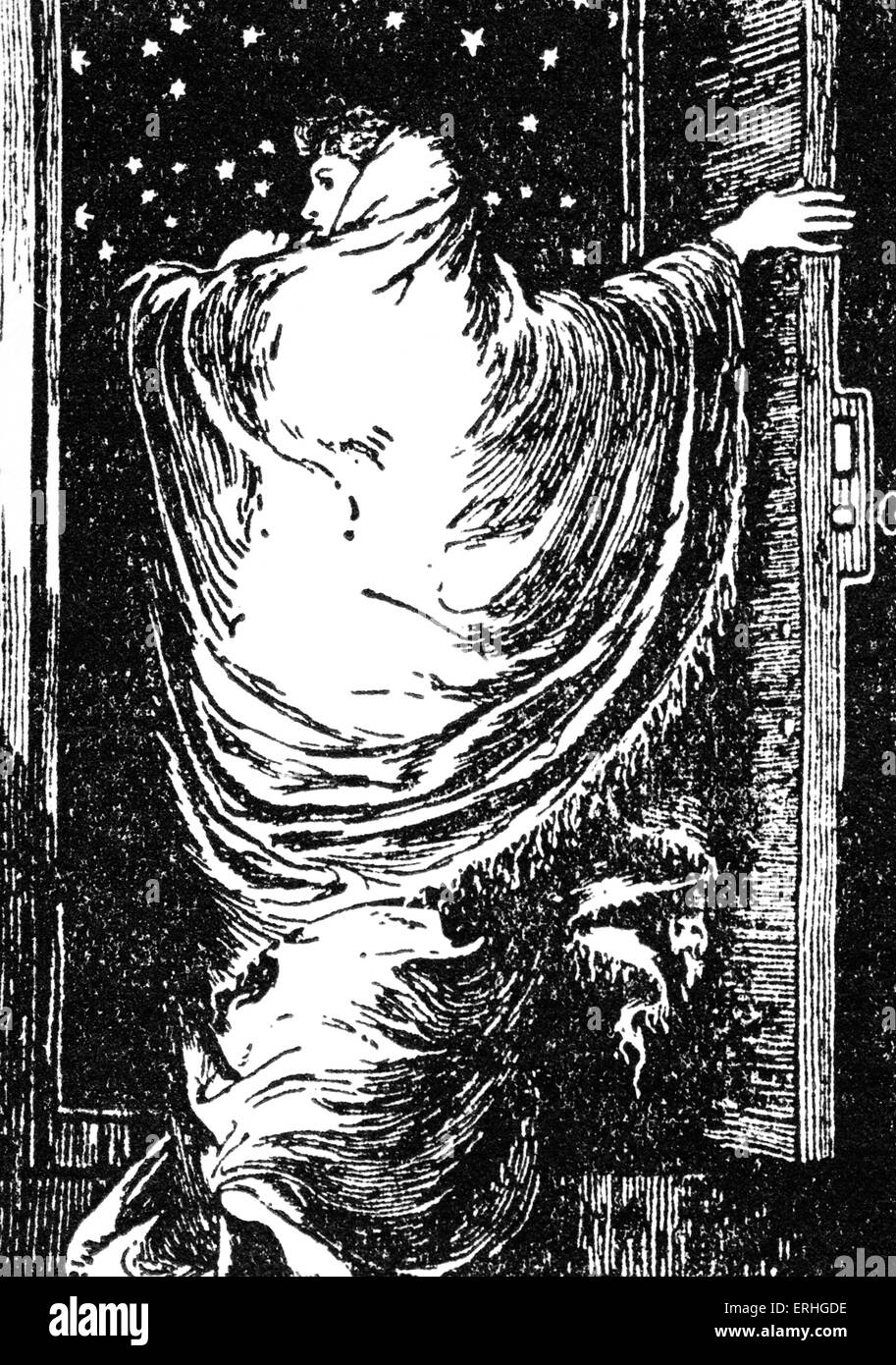 La femme en blanc - Poster design by Frederick Walker (1840-75) pour les Jeux Olympiques 1871 d'octobre la production de Collins, adaptation du roman. Scène de la réserve avec une femme vêtue de blanc sorti par une porte dans la nuit. Cme : l'écrivain britannique, 8 janvier 1824 - 23 septembre 1889. Banque D'Images