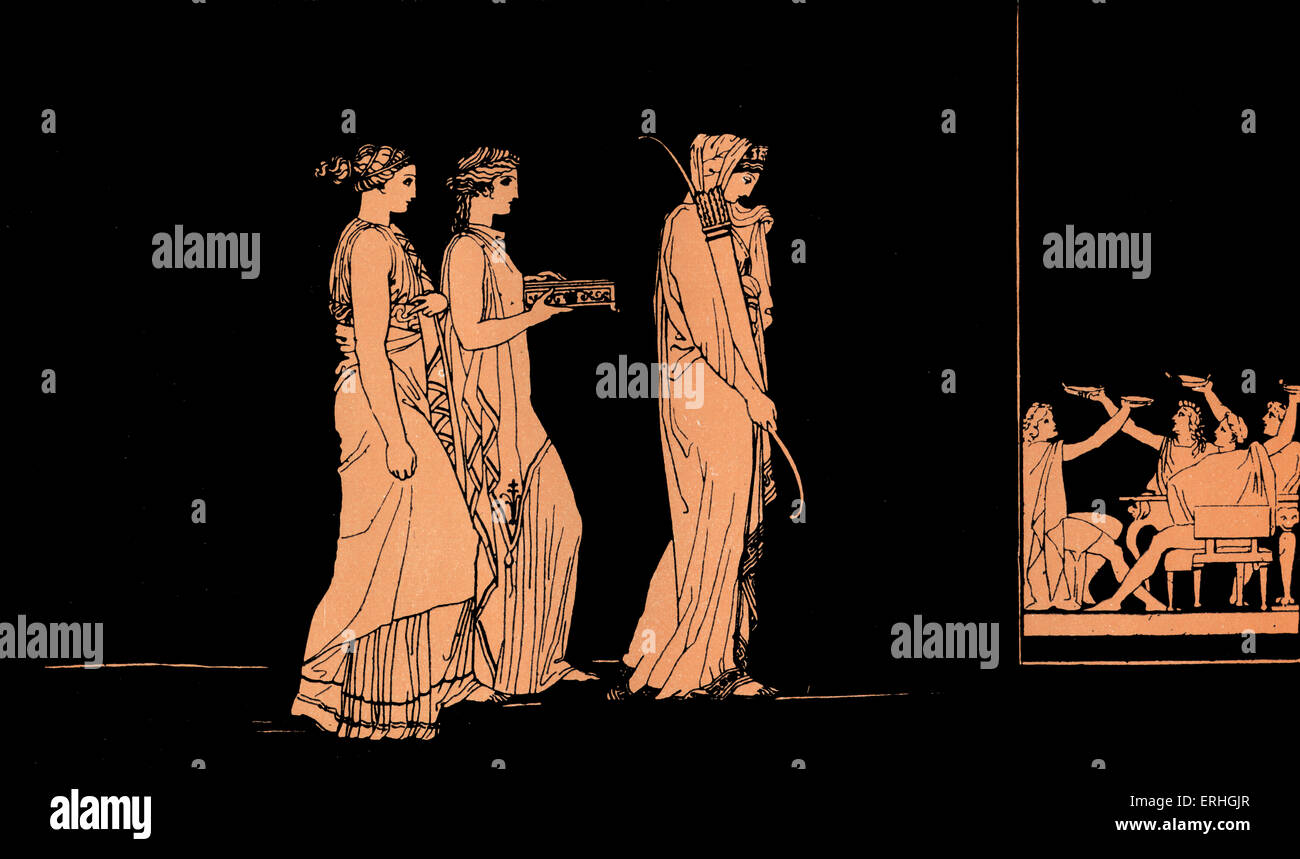 Homère, l'Odyssée. Pénélope, épouse d'ULYSSE (Ulysse), faisant de l'arc à l'Ulysse des prétendants, elle va épouser le prétendant qui pouvez string et ensuite tirer une flèche dans le cadre d'une ligne de douze axes, un concours que son mari peut gagner Homère, poète grec aveugle, ch. 800 - 600 avant notre ère, guerre de Troie, epic ; illustration après Flaxman Banque D'Images