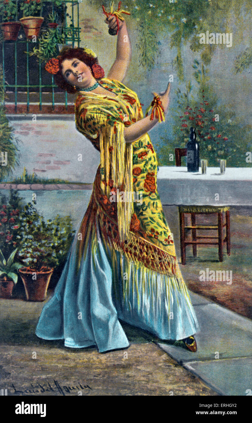 Danseuse de flamenco espagnol et danser les castagnettes. Des fleurs dans ses cheveux. Banque D'Images