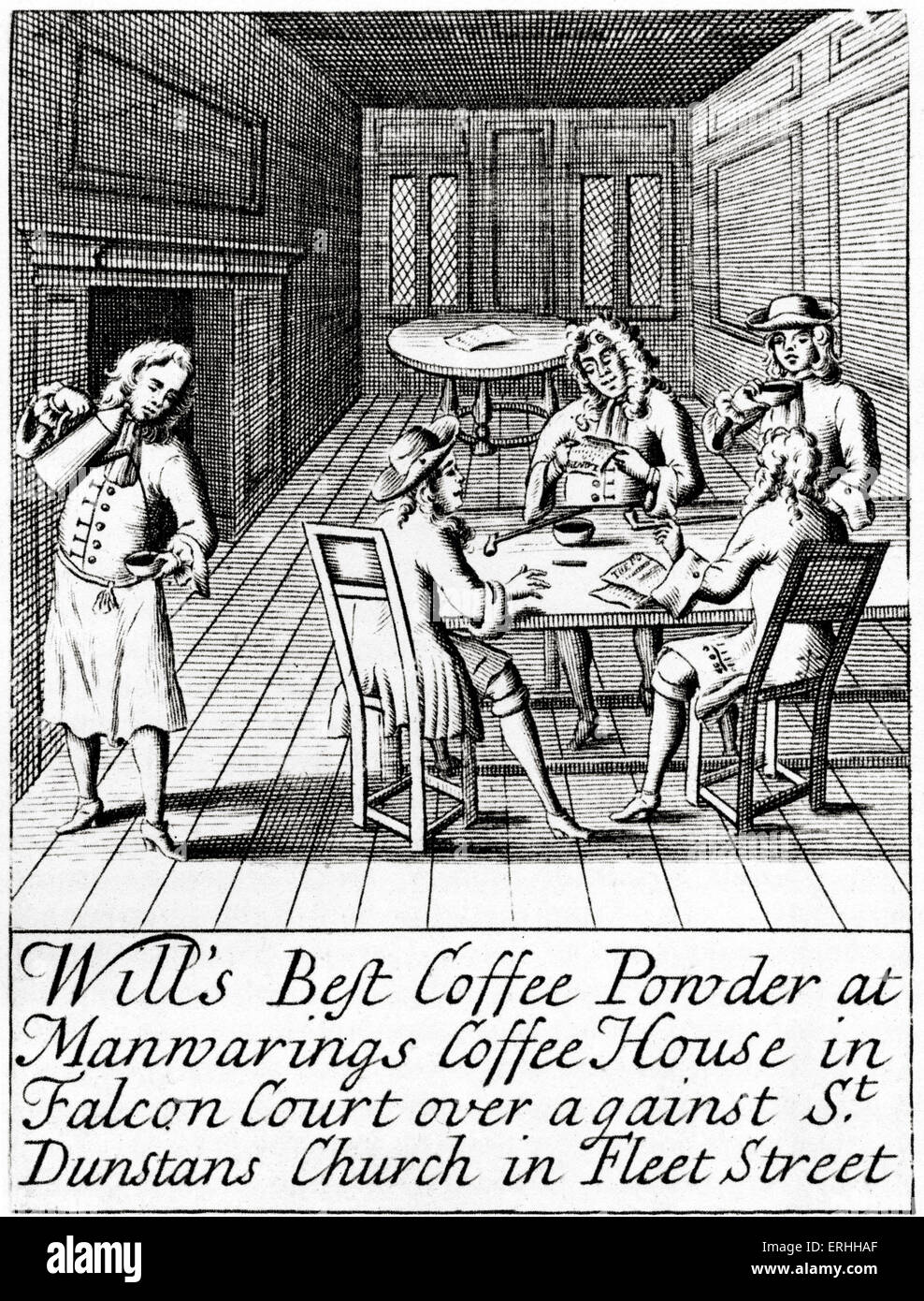Publicité pour London Coffee House - ch. 1700. Les hommes portant des perruques. Le texte dit : "le meilleur café en poudre s'Manwarings au Coffee House Banque D'Images