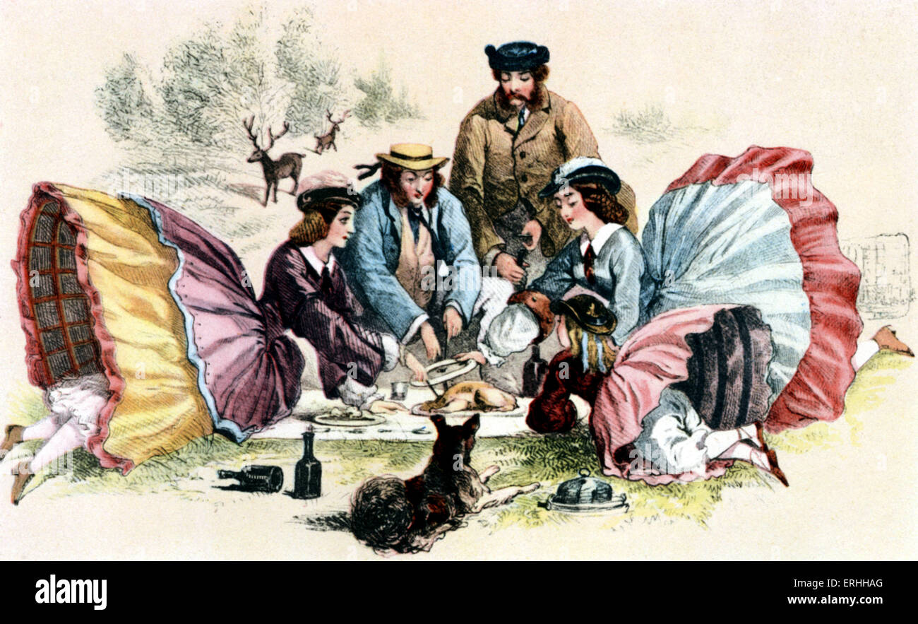 Un pique-nique victorien - ch. 1860. Les femmes portent la jupe cerceau os jupons et pantalets. Banque D'Images