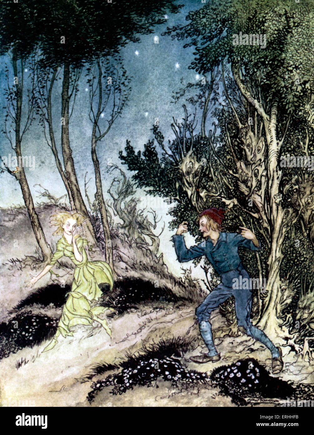 L''Henrik Ibsen Peer Gynt - Acte II, scène V : Peer suit la femme en vert. Dramaturge norvégien 20 mars 1828 - 23 mai 1906. Illustration par Arthur Rackham, 1936. AR : 19 septembre 1867 - 6 septembre 1939 Banque D'Images