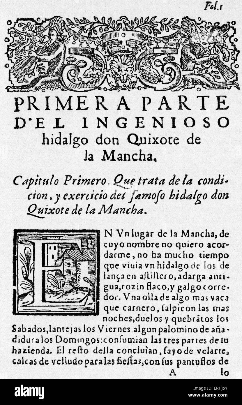 Roman de Miguel de Cervantès 'Don Quichotte de la Manche" (1605). Page d'ouverture de la première édition. Auteur Espagnol. 29 Septembre Banque D'Images