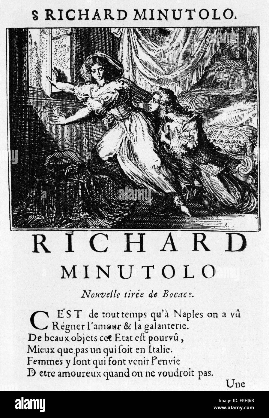 Jean de La Fontaine - page de titre de l'histoire du poète français 'Richard Minutolo'. À partir de l'édition d'Anvers 1685 de son 'Contes' Banque D'Images