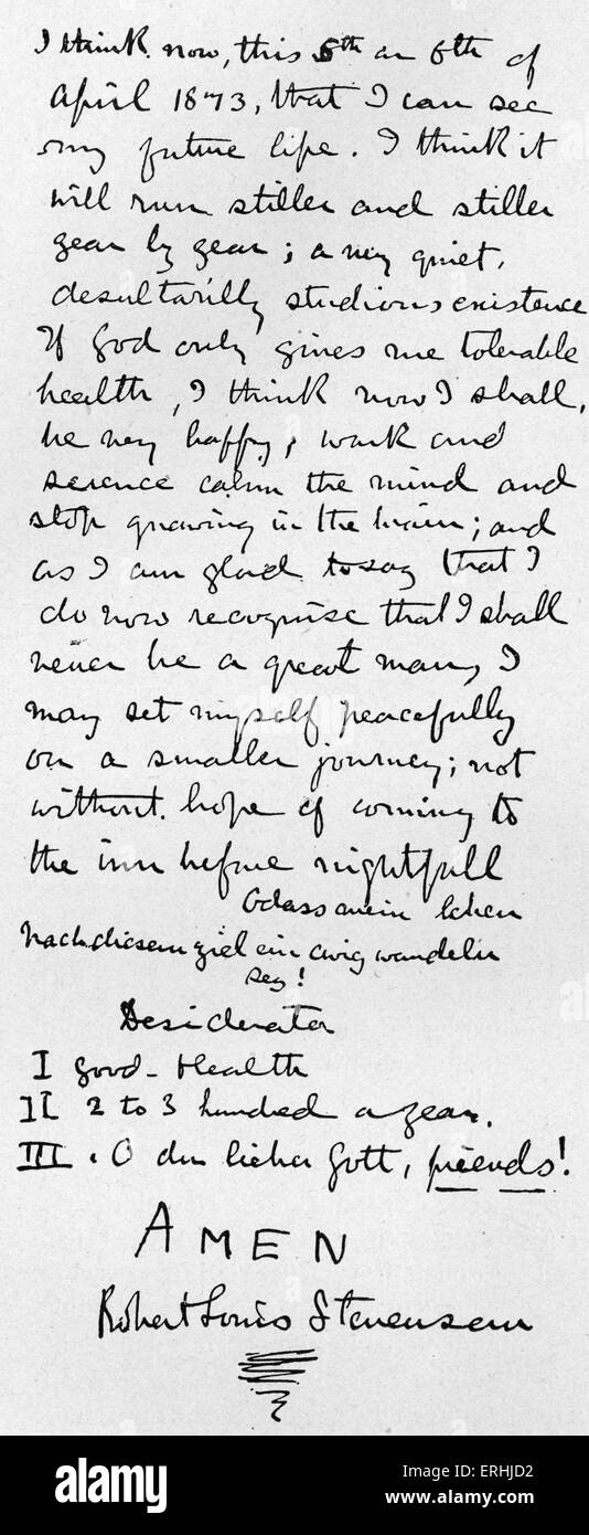 Robert Louis Stevenson - manuscrit signé par l'écrivain écossais. Note autobiographique.13 Novembre 1850 - 3 décembre 1894. Banque D'Images