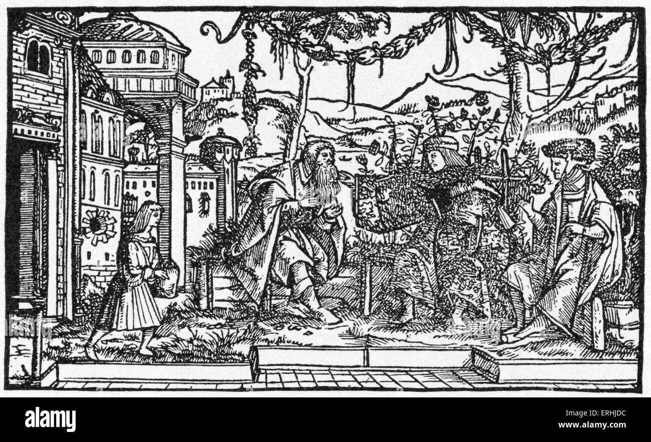 Thomas More - Illustration de l'érudit humaniste, écrivain et politicien, dans son livre l'Utopie'. Hythloday en dit plus et Banque D'Images