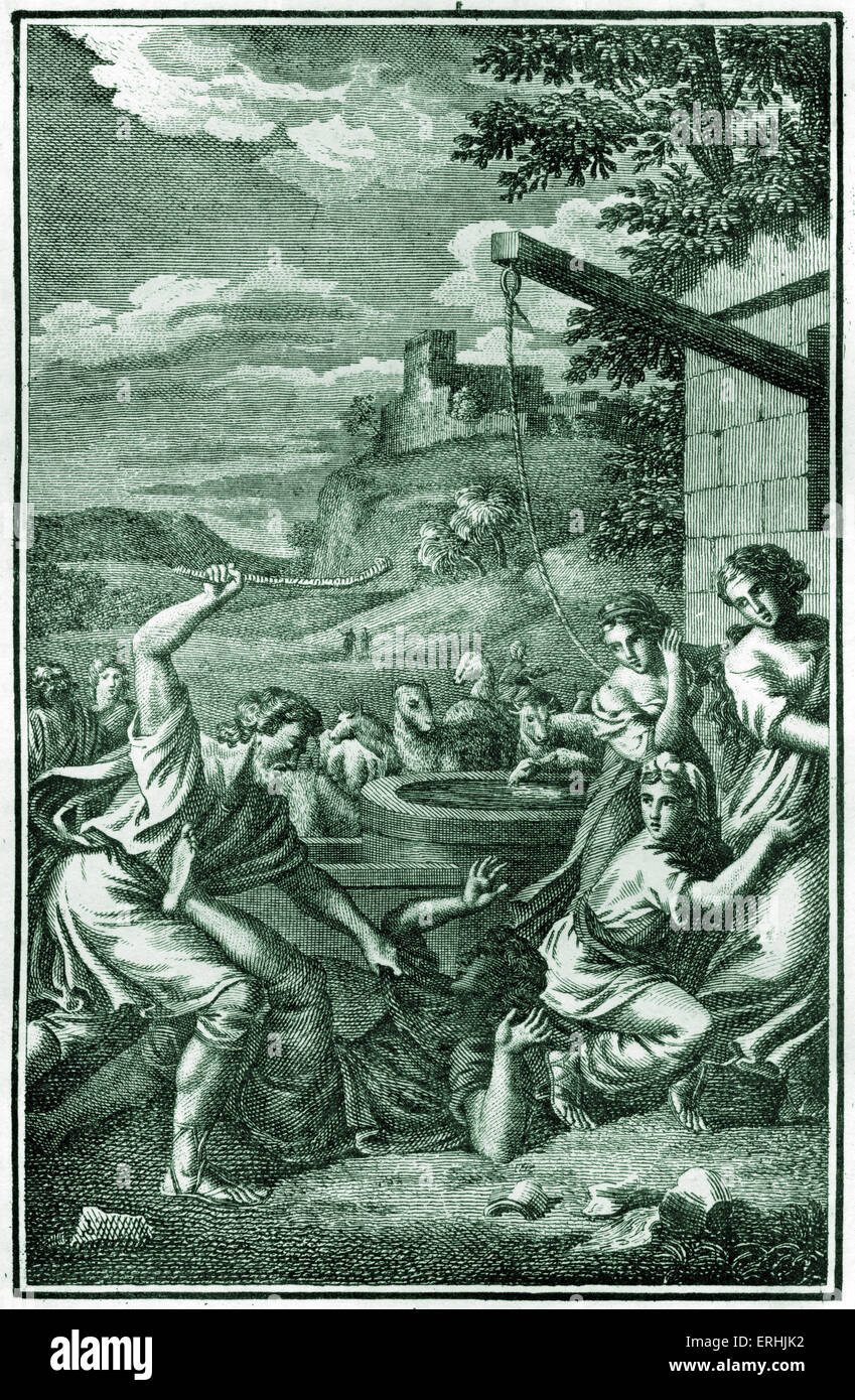 Moïse protège Jethro 's filles au puits - Histoire Biblique. Exode II, 15-21. Banque D'Images