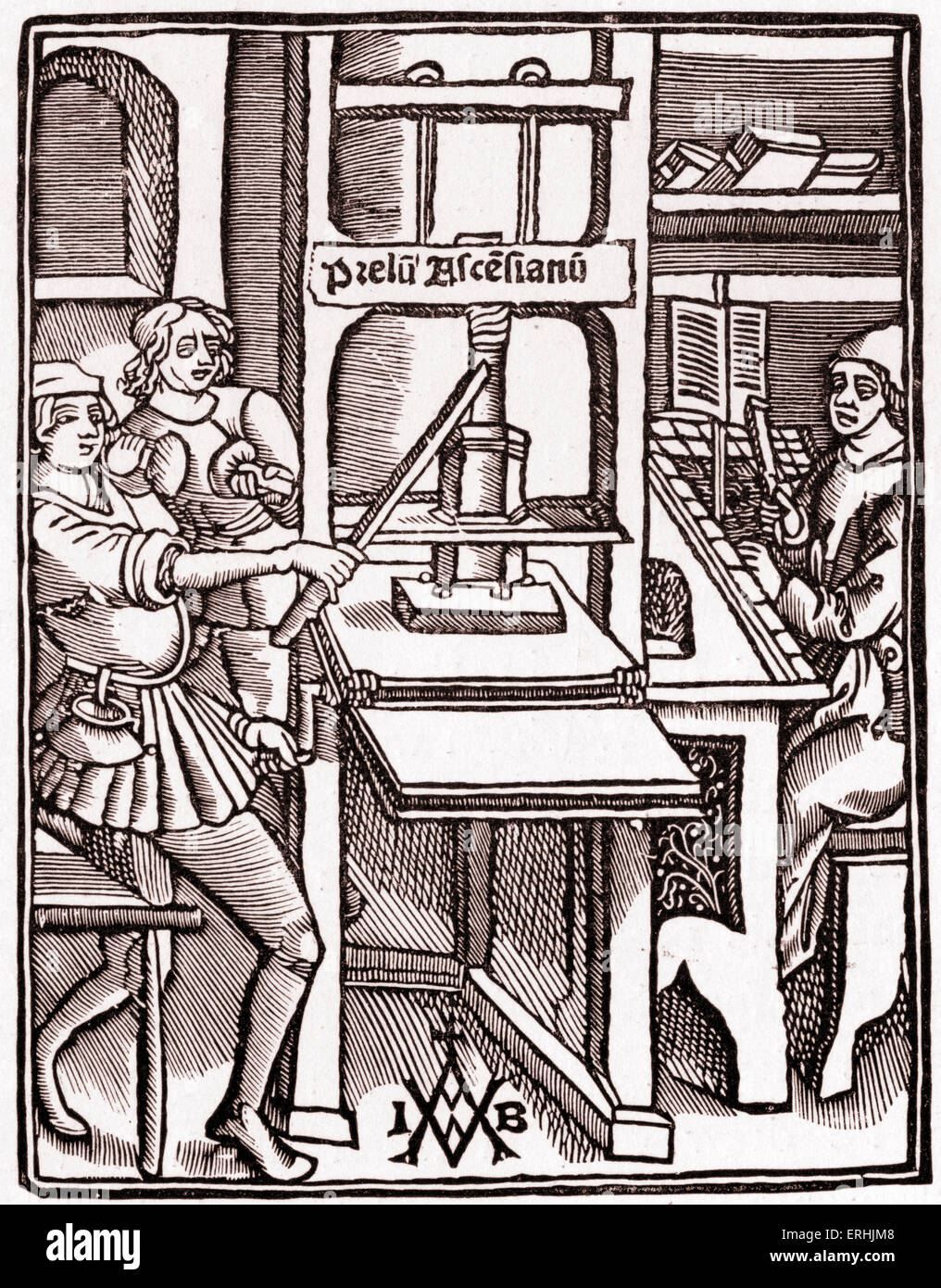 Presse à imprimer, 1511. La première représentation connue à partir de la page de titre de l'Hégésippe, 'Historia de bello Judaico" imprimé par Banque D'Images
