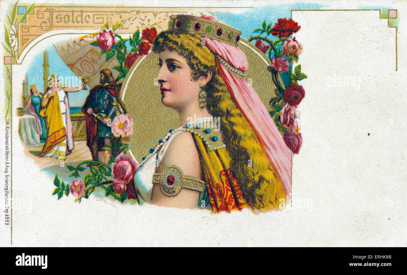 Tristan et Isolde. Close-up d'Isolde et l'arrière-plan montre Isolde remise tasse de philtre d'amour pour Tristan. La légende. Romance, Banque D'Images