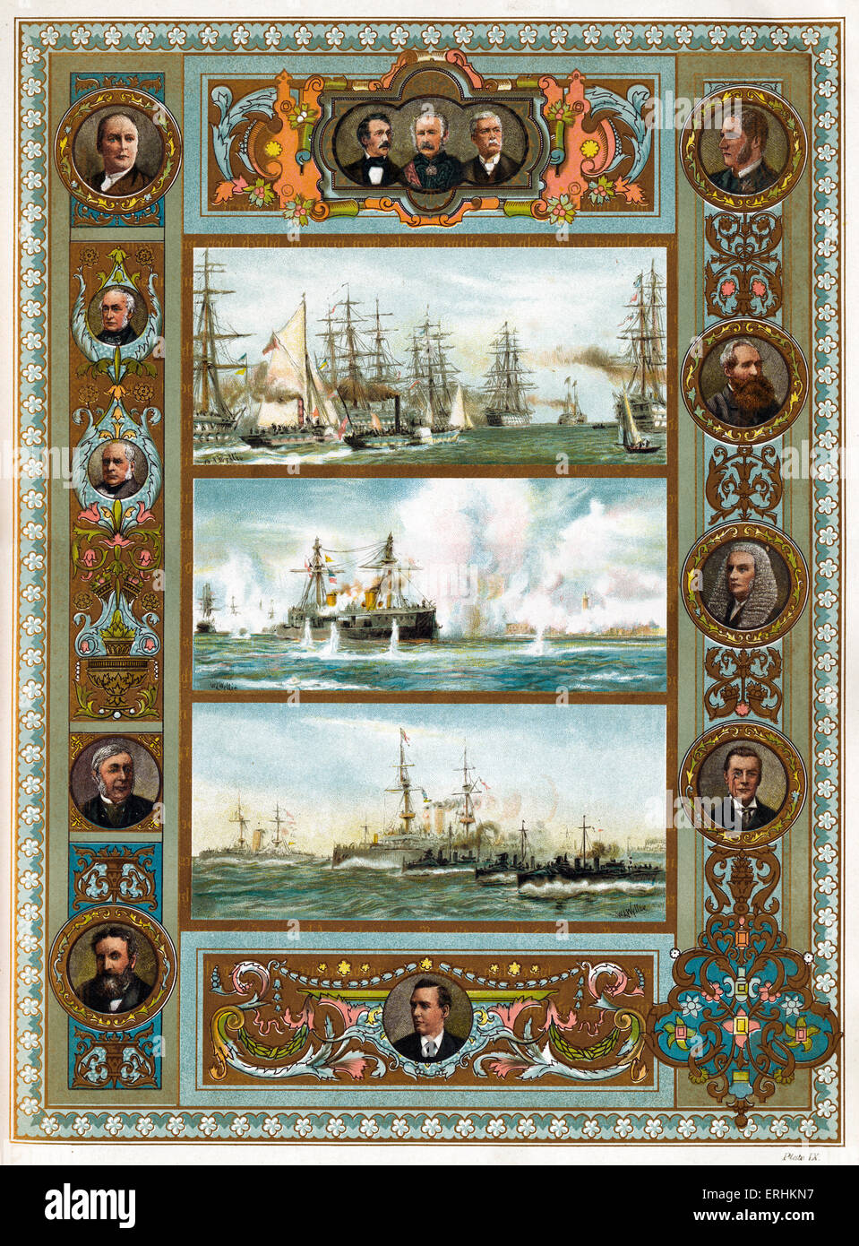 La marine dans l'ère victorienne - Naval Review à Spithead, 1855 (en haut), le bombardement d'Alexandrie, la guerre égyptien, 1882 (milieu), Banque D'Images