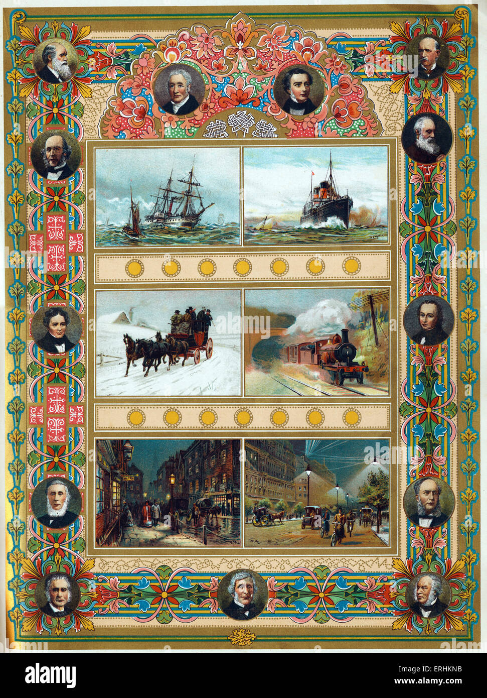 Les progrès scientifiques au cours de l'ère victorienne - top : transport par mer en 1837 (à gauche) et en 1897 (à droite), au centre : voyage par terre Banque D'Images