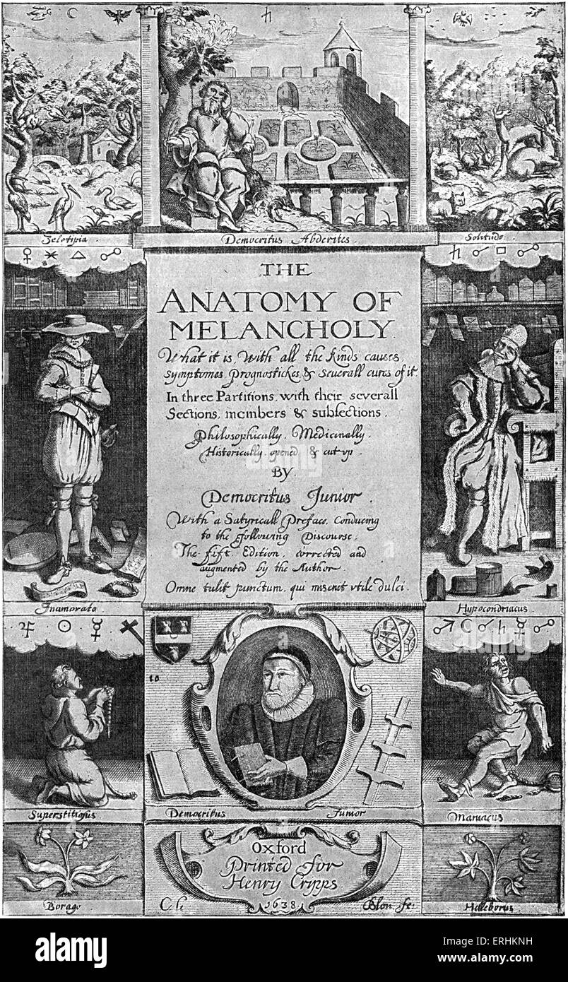Robert Burton - couverture de l'écrivain anglais ouvrage médical de l' 'l'anatomie de la mélancolie", édition 1638. Titre complet : "Le Banque D'Images