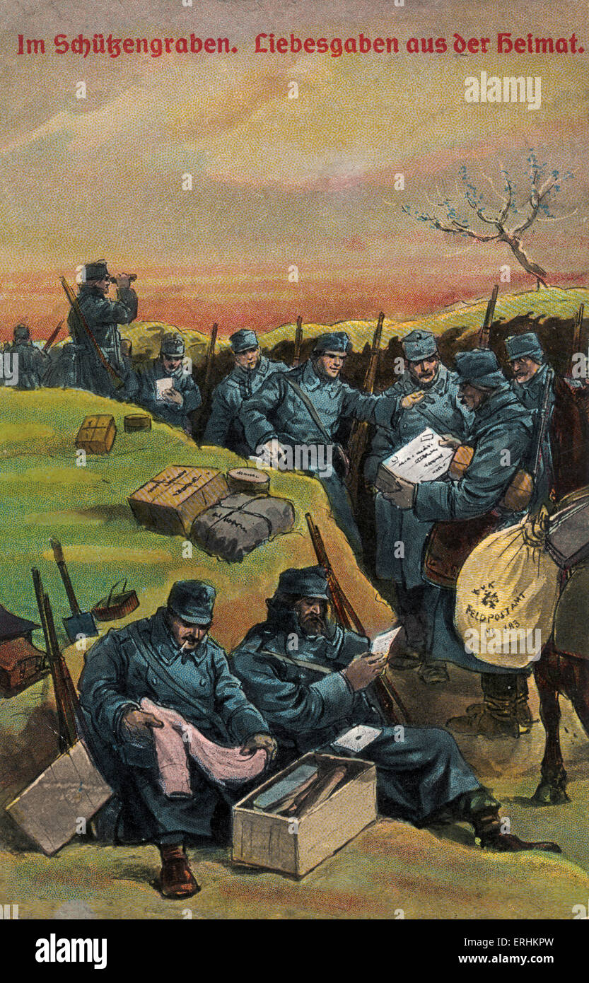 Soldats allemands dans les tranchées pendant la Première Guerre mondiale, la réception de courrier et colis de leurs proches. Le texte dit : "Im Schützengraben. Liebesgaben aus der Heimat". Banque D'Images