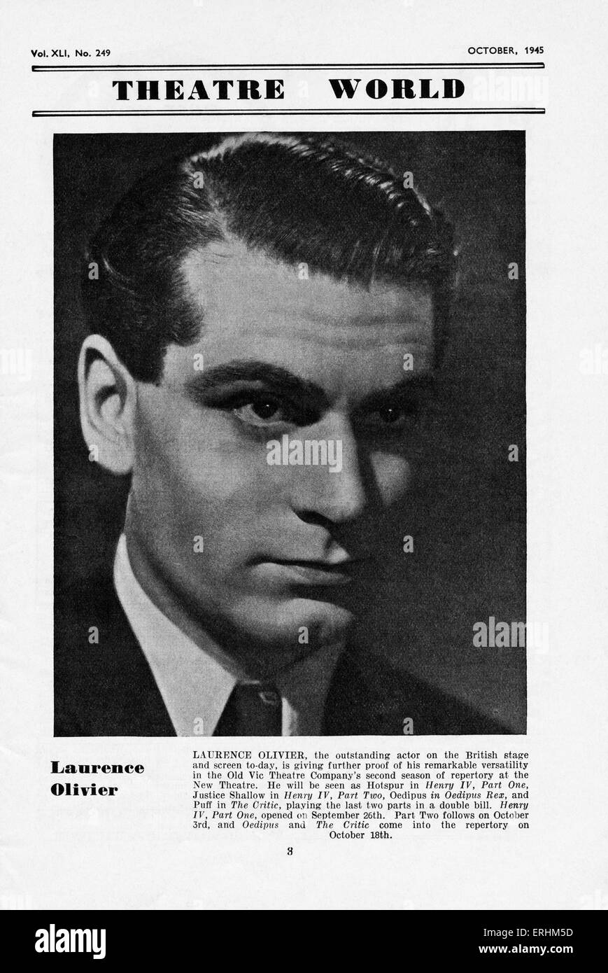 Sir Laurence Olivier - portrait de l'acteur, réalisateur et producteur, en 1945. 22 mai 1907 - 11 juillet 1989. Banque D'Images