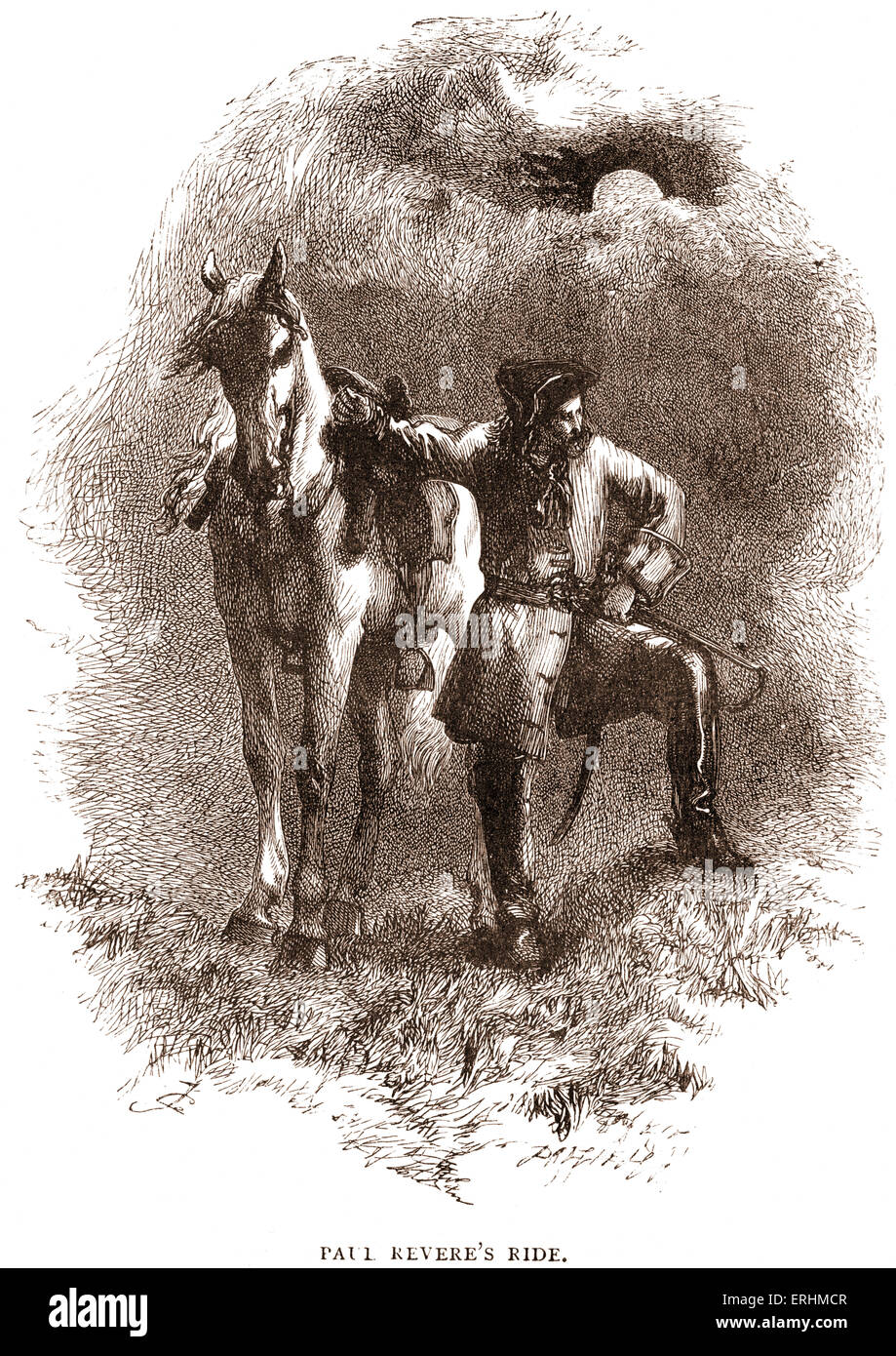 Poème de Henry Wadsworth Longfellow Paul Revere 'Ride'' - Portrait de Paul Revere à côté de son cheval. Illustration par Sir John Banque D'Images