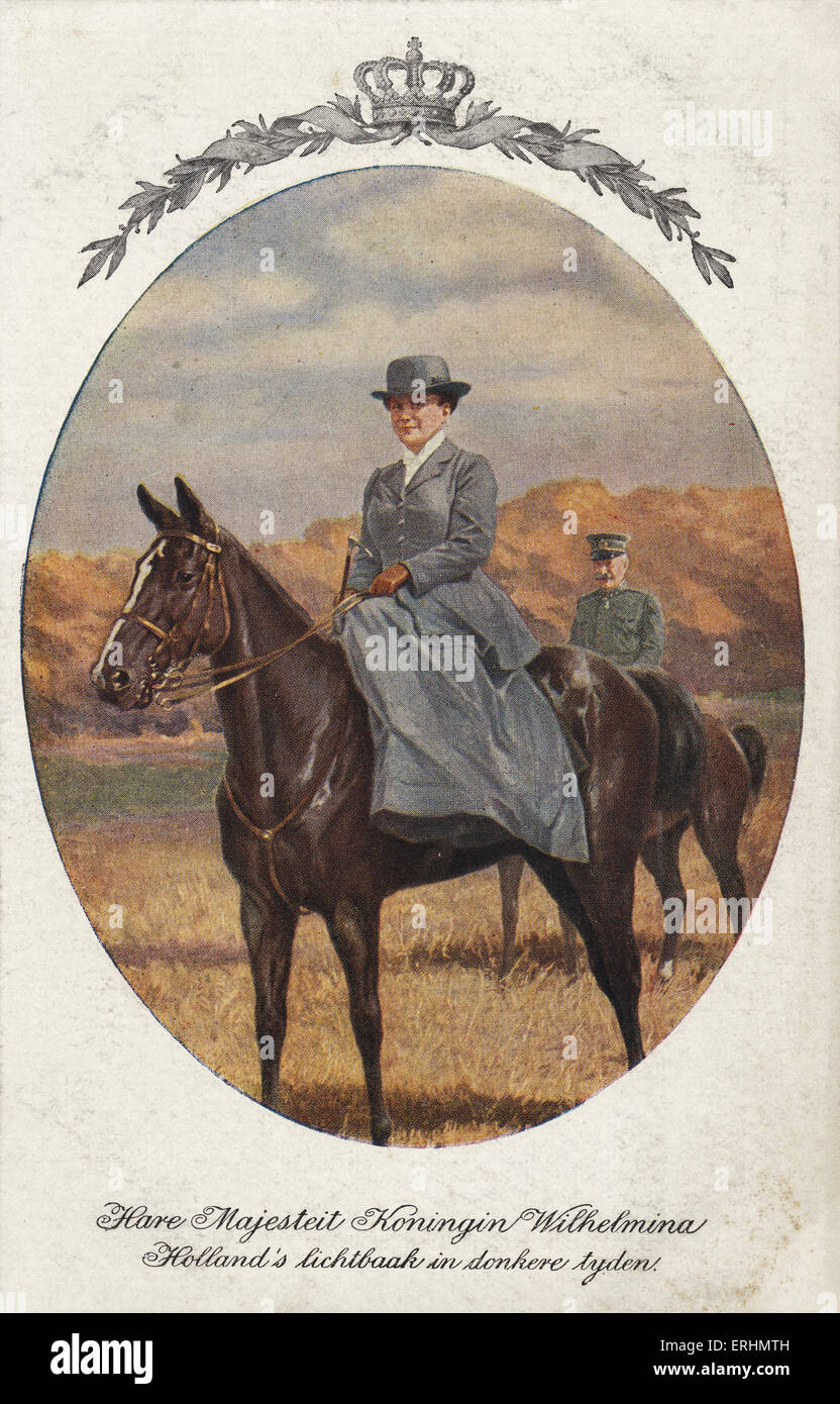 La Reine Wilhelmine des Pays-Bas à cheval. La reine régente des Pays-Bas de 1890 à 1948. Né Wilhelmina Helena Banque D'Images