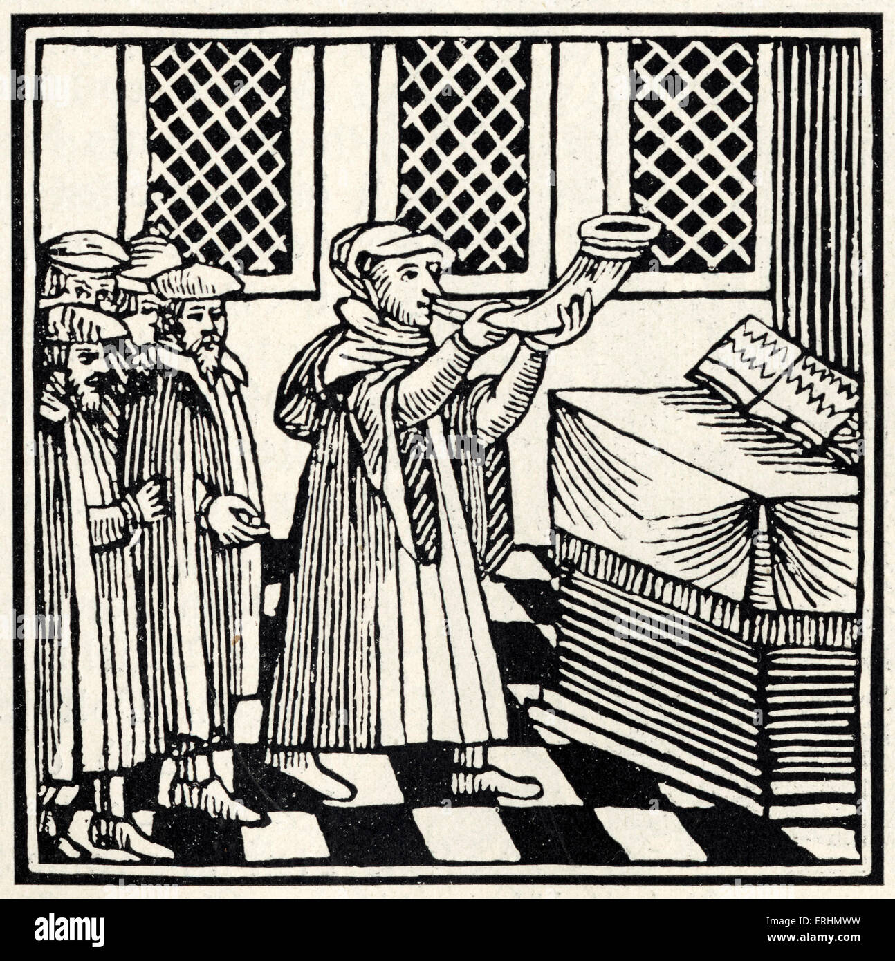 Shofar (corne de bélier) dans la synagogue à Roch Hachana (Nouvel An) Dessin de 1695 Amsterdam Hagadah de Pessah Banque D'Images Shofar (corne de bélier) dans la synagogue à Roch Hachana (Nouvel An) Dessin de 1695 Amsterdam Hagadah de Pessah Banque D'Images