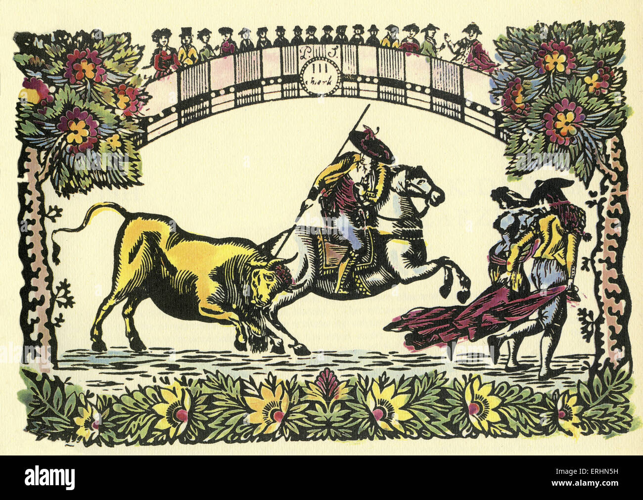 Corrida espagnole , toreador, matador, bull Catalan du 17ème siècle imprimer. Banque D'Images