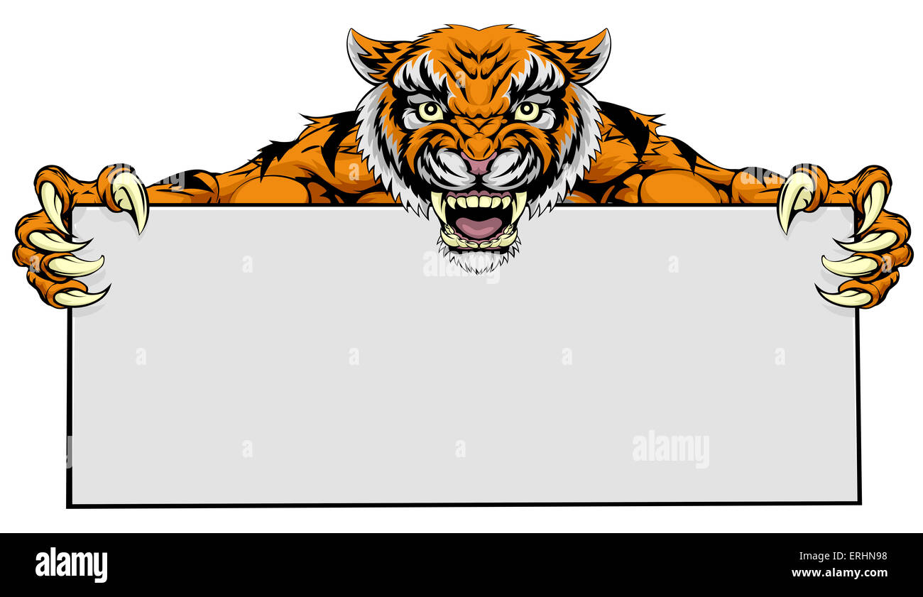 Un dessin de tigre mascotte sportive moyenne tenant un grand panneau Banque D'Images