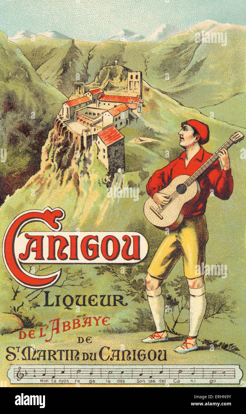 Publicité - liqueur Carigou musicien catalan qui joue de la guitare et portant béret rouge typique et espadrilles. Liqueur de Carigou Banque D'Images