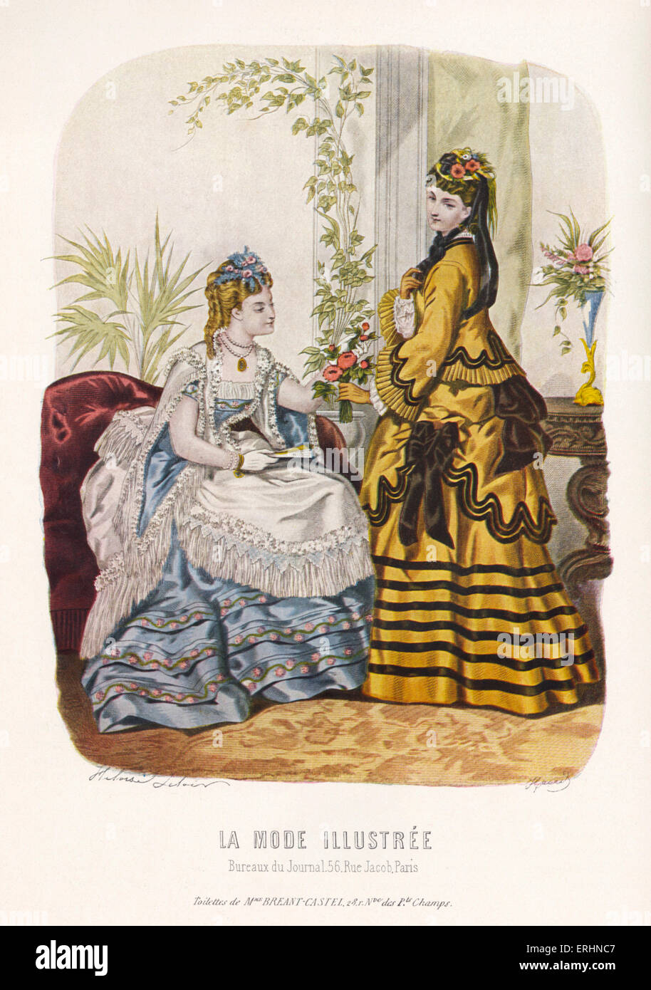 La Mode Illustrée - 2 jeunes femmes à la mode du 19e siècle. Les toilettes de Mme Breant-Castel. Annonce robe de bouilloire / couturier. Banque D'Images