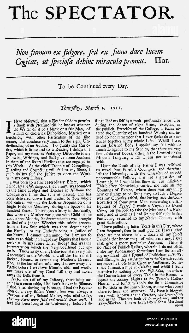 "Le spectateur" -La première page de NO1. (Première édition) (Jeudi 1 mars 1711). Journal politique fondé par Joseph Addison Banque D'Images