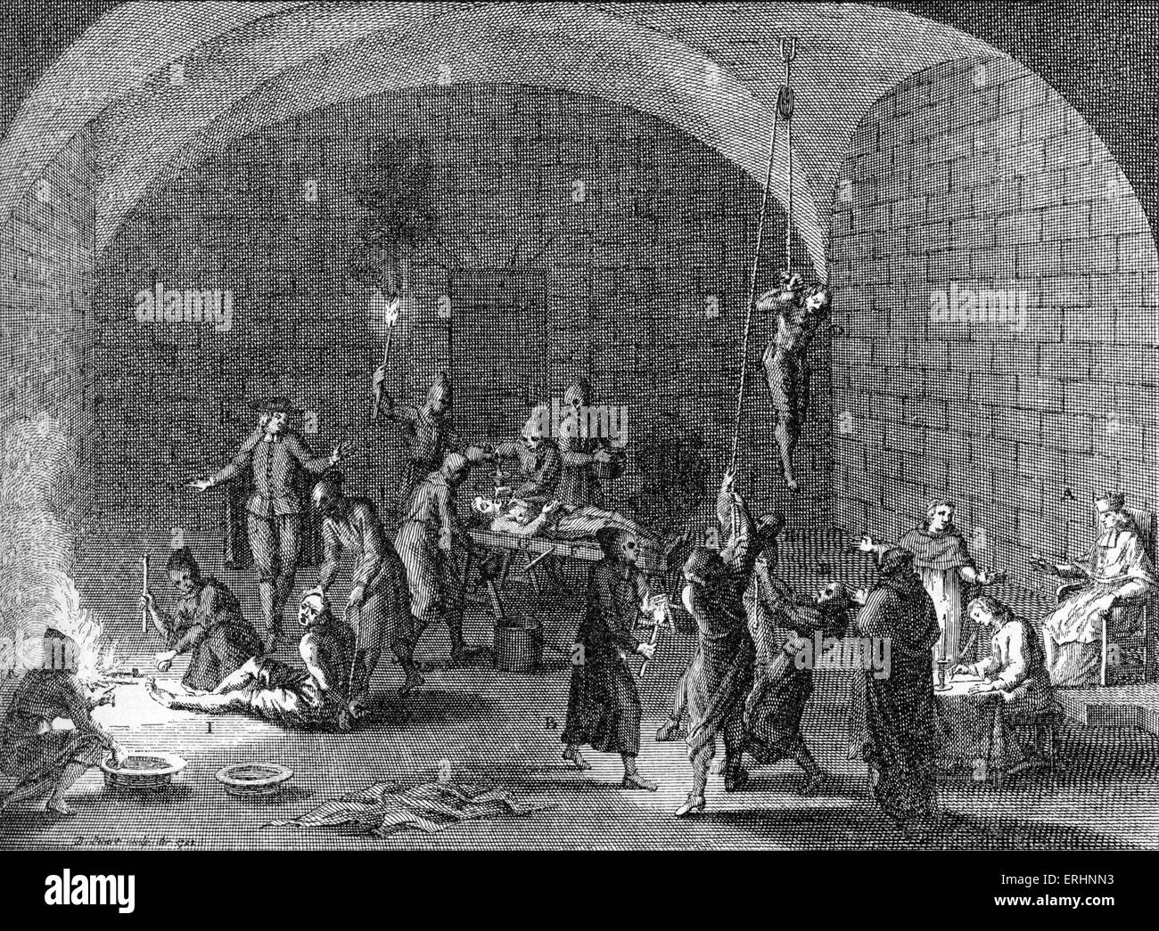 Salle de torture d'un tribunal de l'Inquisition - gravure, artiste inconnu. Banque D'Images