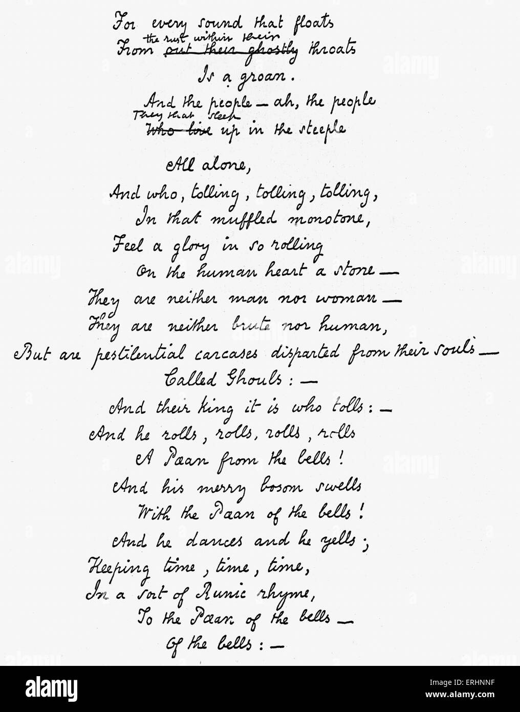 "Les cloches" - Edgar Allan Poe, manuscrit du dernier vers de son poème. Pae : American auteur et poète : 19 Janvier Banque D'Images