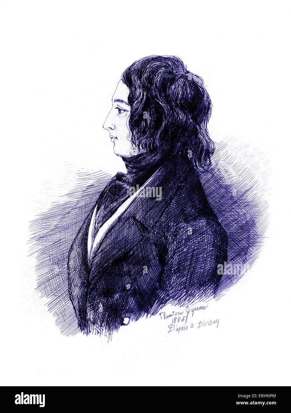 Charles Dickens dessin, plume et encre par le comte d'Orsay en 1845. Signé Theodore Joyeuse 1885 après d'Orsay. La romancière anglaise, 7 Banque D'Images
